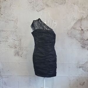 Jessica McClintock Formal Cocktail Dress Black One Shoulder Mini Womens Size 14